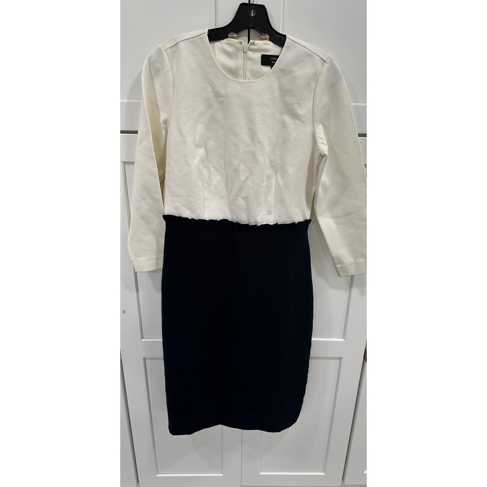 J. Crew 365 Sheath Dress Ruffle Trim Color Block Career Office Ivory Navy 6T